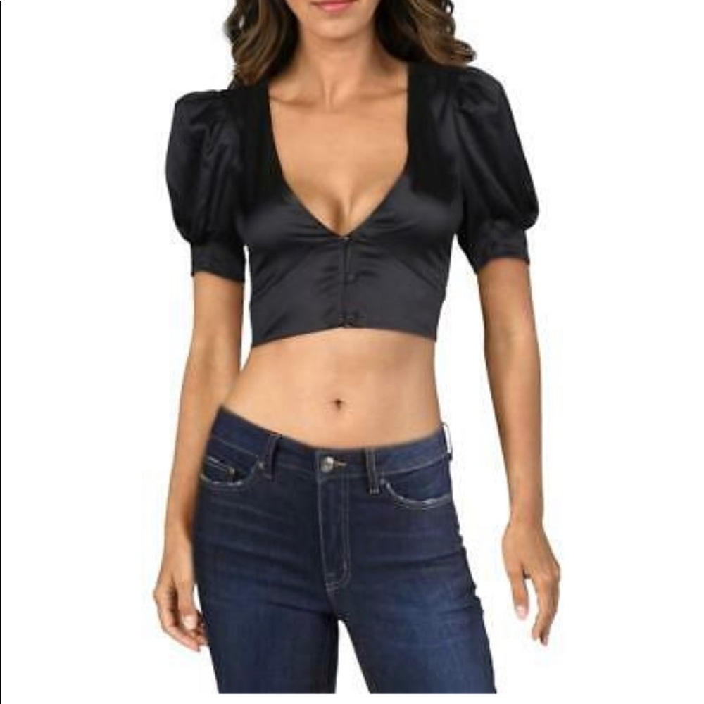 Danielle Bernstein Womens Satin Puff Sleeves Shirt Crop